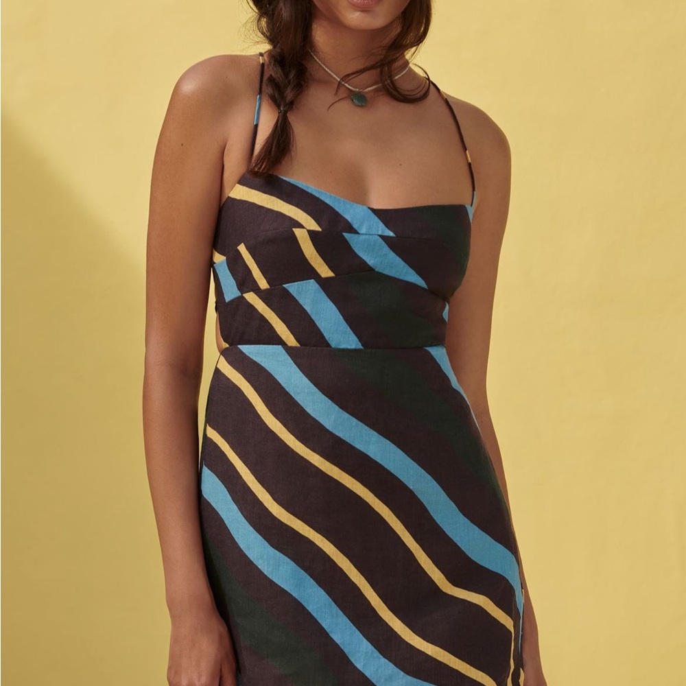 Cala De La Cruz Tere linen Mini Dress with Blue and Yellow Wave Print
